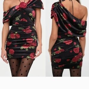Elegant One Shoulder Floral Dress in Black and Red